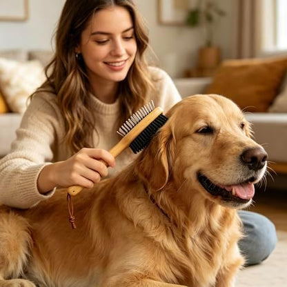 Double Sided Pet Slicker Brush with Bamboo Handle for Dogs and Cats, Grooming Comb for Shedding, Tangles, and Dead Undercoat - Image 2