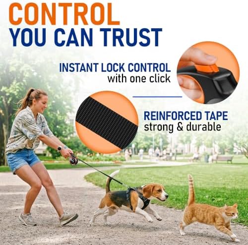 20.1 ft Retractable Dog Leash for Dogs 10–100 lbs - Heavy Duty Tape Leash with Strong Nylon Tape - 360° Swivel Control - One-Click Brake & Lock - Ergonomic Non-Slip Grip for Safe & Easy Daily Walks OR - Image 5