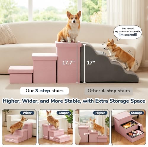 3-Step Wide Dog Stairs with Hidden Storage 18" H, Non-Slip Dog Steps for High Bed Couch Window Car, Jiont-Friendly Pet Stairs Ramp for Small/Medium/Large Old Dogs Cats Up to 200lbs, Pink - Image 3