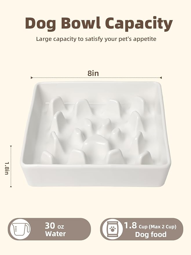 GDCZ Dog Slow Feeder Bowls, Square Ceramic Pet Food Bowl for Medium Breed, Fun Dog Bowls to Slow Down Eating (White, M-1.8 Cups)