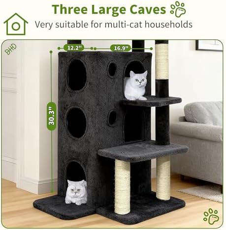 48" Cat Tree Tower for Indoor Cats, Multi-Level Cat House for Large Cats with 3 Cozy Cat Condos, Extra Large Top Perch, Sisal Scratching Posts & Climbing Steps, Dark Gray - Image 4