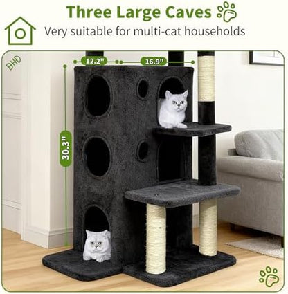 48" Cat Tree Tower for Indoor Cats, Multi-Level Cat House for Large Cats with 3 Cozy Cat Condos, Extra Large Top Perch, Sisal Scratching Posts & Climbing Steps, Dark Gray - Image 4