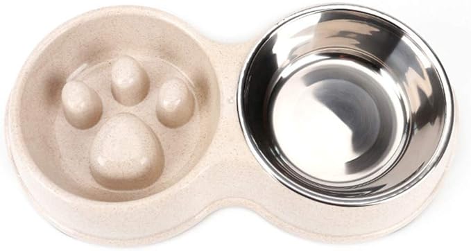 Tineer Double Pet Dog Slow Feeder Bowl,Stainless Steel Anti-Choke Puppy Food and Water Feeder for Dog Cats (White)