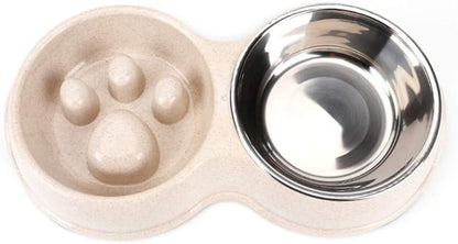 Tineer Double Pet Dog Slow Feeder Bowl,Stainless Steel Anti-Choke Puppy Food and Water Feeder for Dog Cats (White)