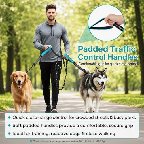 wikiRay Double Dog Leash Coupler for Walking 2 Dogs – No Tangle Dual Dog Splitter with Shock-Absorbing Bungee, Padded Traffic Handles & Reflective Stitching (Sea Green) - Image 5
