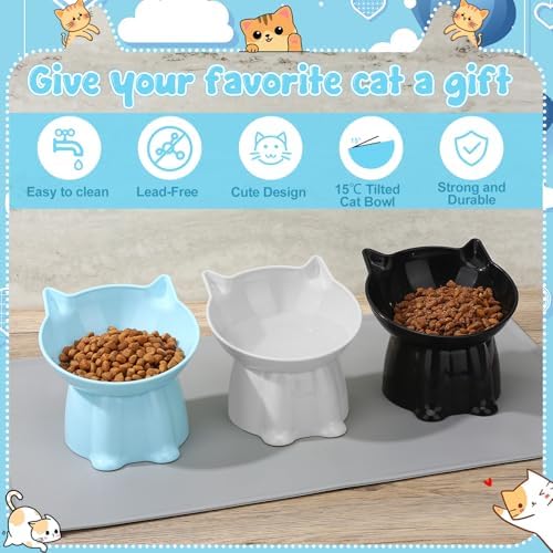 3 Pcs Elevated Cat Bowls 15°Raised Cat Food Bowl with Silicone Mat Blue - Image 4