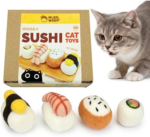 Woolbuddy Wool Cat Toys (Big Sushi 4 PCS) for Indoor Cat Kitten Catnip-Free by Woolbuddy