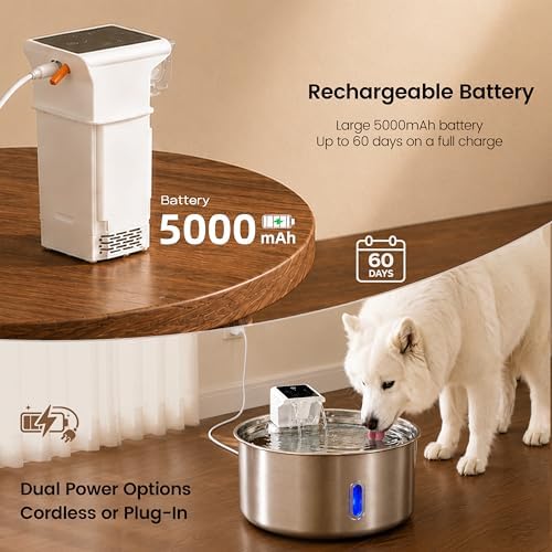 7L Cordless Dog Water Fountain, Wireless Battery Powered Stainless Steel Pet Fountain for LargeDogs & Multi-Pet Homes, 5000mAh 30-Day Battery, Ultra Quiet <30dB, 3 Modes, 4 Filters Included - Image 4