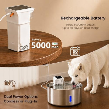 7L Cordless Dog Water Fountain, Wireless Battery Powered Stainless Steel Pet Fountain for LargeDogs & Multi-Pet Homes, 5000mAh 30-Day Battery, Ultra Quiet <30dB, 3 Modes, 4 Filters Included - Image 4