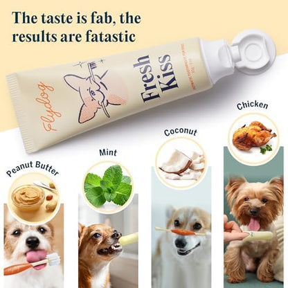 FlyDog Fresh Kiss Dog Tooth Brushing Kit - Vet Approved Formula, Enzymatic Dog Toothpaste and Brush - Breath Freshener & Tartar Remover, 360° Toothbrush & Finger Brush, Dental Guide, Peanut Butter - Image 6