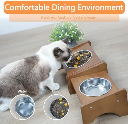 Elevated Stainless Steel Raised Food and Water Bowls, 15 Tilted Anti Vomiting, Dishwasher Safe, Non-Slip, Suitable for Cats and Puppies (Brown) - 2 Pack - Image 4
