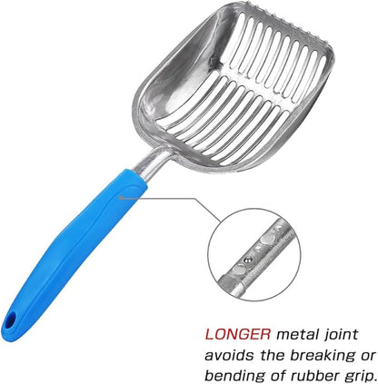 The Latest Update Metal Cat Litter Scoop POLISHING Blue Handle,Aluminum Alloy with TABS/Round Teeth Pet Kitty Litter Scooper
