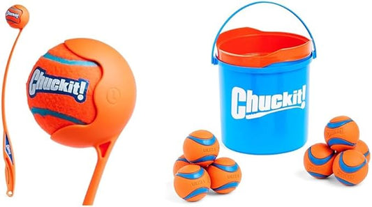 Chuckit! Sport Launcher 26-inch & Ultra Bundle with Cleaning Bucket, Medium, 2.5-inch (8-Pack)