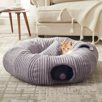 Cat Tunnel Bed for Indoor Cats - Cute Cat Donut Tunnel with Washable Circle Cushion and Blackout Tent Round Pet Play Toy for Kitten/Puppy/Rabbit, Grey - Image 2