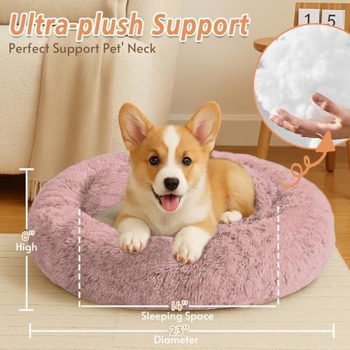 JOLLYVOGUE Calming Dog Bed for Small Dogs - 23 inches Donut Washable Small Dog Bed for Kittens & Puppies, Anti-Slip Round Fluffy Plush Faux Fur Cat Beds (Fits up to 25 lbs Pets, Dark Pink) - Image 5