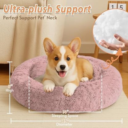 JOLLYVOGUE Calming Dog Bed for Small Dogs - 23 inches Donut Washable Small Dog Bed for Kittens & Puppies, Anti-Slip Round Fluffy Plush Faux Fur Cat Beds (Fits up to 25 lbs Pets, Dark Pink) - Image 5
