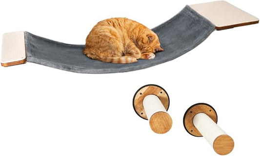 Cat Wall Furniture, Cat Hammock Wall Mounted Cat Shelf with 2 Steps, Cat Climbing Shelves and Perches and Lounging with Metal Frame and Wooden Shelf for Cozy Rest - MK2026B