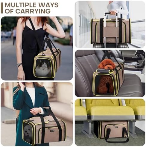 Pet Carrier, Large Soft Sided Expandable Travel Carrier with Steel Frame, Anti-Scratch Mesh, Removable Fleece Pad and Pockets for Cats, Dogs and Small Animals up to 15 lbs (Brown, 4 Sides Expandable) - Image 2