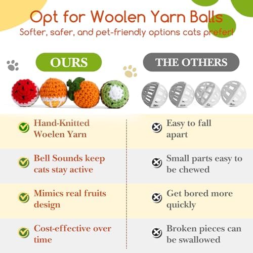 12 Pack Cat Toy Balls, Hand-Knitted Woolen Yarn Cat Balls Toy with Bell Inside, Interactive Kitty Toys for Indoor Kitten Teething, Chasing & Self Play(Fruit-Shaped) - Image 3