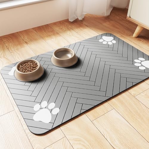 Pet Feeding Mat-Absorbent Pet Placemat for Food and Water Bowl, with Waterproof Rubber Backing, Quick Dry Water Dispenser Mat for Dog and Cat (24"x16", Striped Light Gray) by Incenseburner
