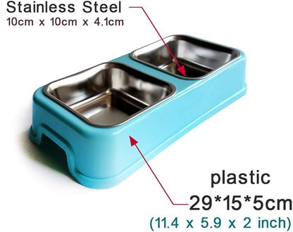 Pet Supplies Dog and Cat Rectangular Stainless Steel Food Double Bowl Drinking Bowl with Plastic Base(L-Rectangle-Blue)