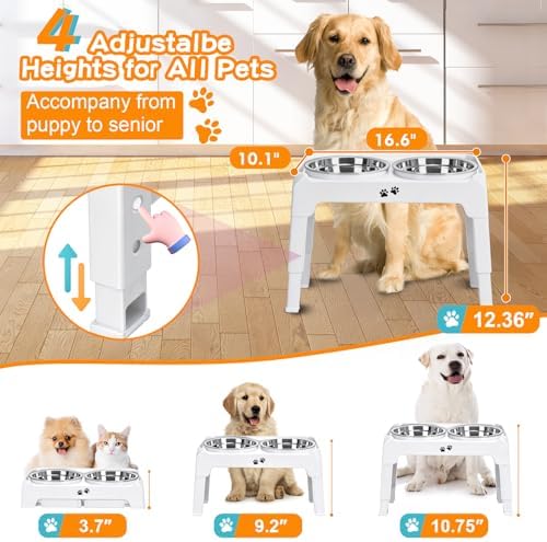 COMESOON Elevated Dog Bowls, 4 Height Adjustable Raised Bowl Stand with 2 Thick 50oz Stainless Steel Food Bowls Non-Slip Feeder Adjusts to 3.7'', 9.2'', 10.75'', 12.36'' White - Image 2