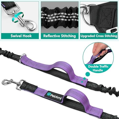 PetAmi Premium Hands Free Dog Leash for 2 Dogs, Adjustable Waist Belt Leash for Dog Walking, Fanny Pack Accessories Bag Dual Bungee Leash for Running, Hiking, Jogging, Biking, Purple - Image 4