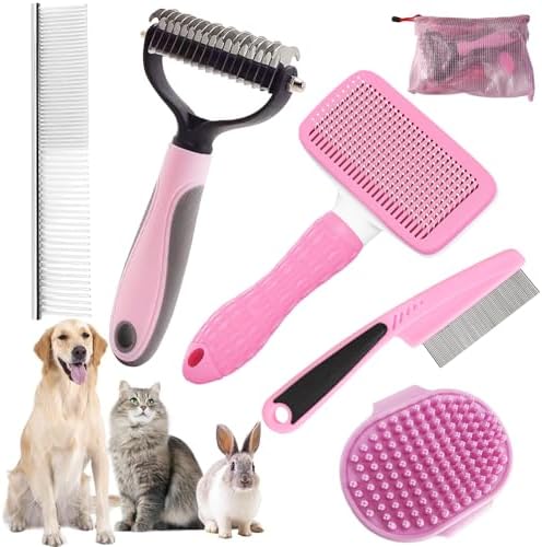 Dog Brush for Shedding,6 PCS in One Pet Slicker Hair Brush Kit Organizer Bag - Dog Cat Grooming Deshedding Undercoat Rake Brush Comb for All Small Large Dogs Cats Pink by KUEIOX