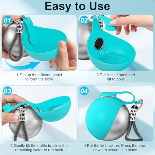 2 in 1 Dog Water Bottle with Bowl, 10oz Stainless Steel - Blue - Image 3
