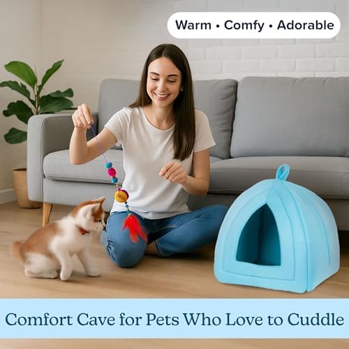 PETMAKER Cat House Indoor Bed with Removable Foam Cushion, Blue - Image 4