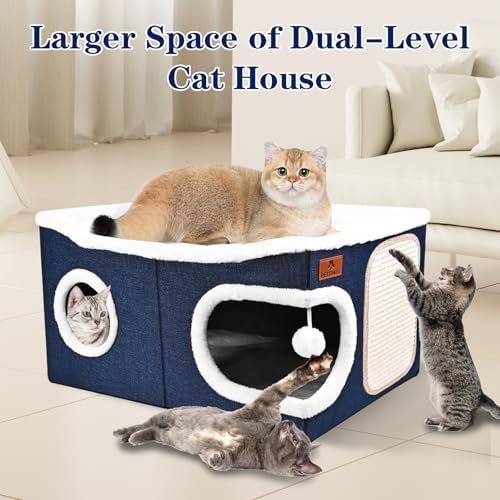 Extra Large Cat Beds for Indoor Cats, Covered Cat Cave Beds & Furniture with Scratch Pad and Fluffy Ball, Foldable Cat Condo Hideaway with Reversible Cushion for Multi Small Pet Large Kittens, Blue - Image 4