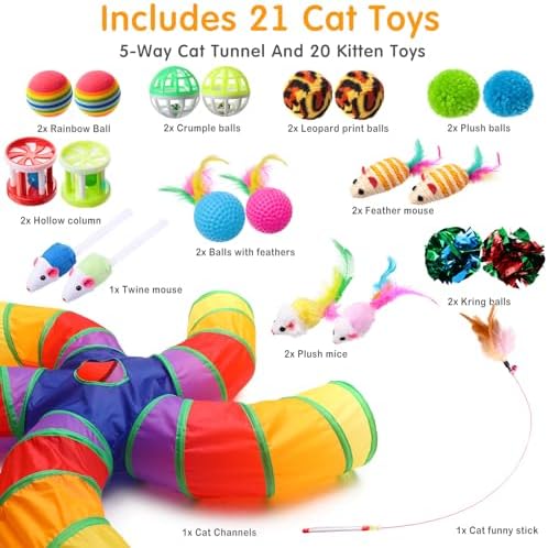 Poen 21 Pcs Cat Tunnel for Indoor Set Collapsible 5 Way Tubes with 20 Pcs Cat Kitten Toys Interactive Feather Toy Mouse Crinkle Balls Tube for Puppy Kitten Rabbit(Colorful) - Image 2