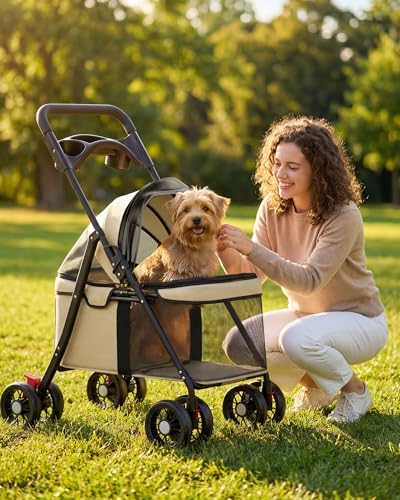 GTPLAYER Foldable Pet Stroller for Small Dogs and Cats, Holds Up to 33 lb, 4-Wheel Stroller with 2 Safety Tethers, Breathable Mesh, Lockable Front Wheels, Cup Holder/Tray & Storage Pocket, Cream - Image 3