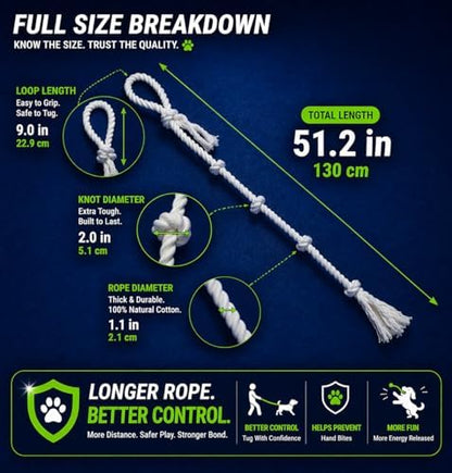 51" Extra Long Dog Rope Tug Toy with Loop Handle – 6-Knot Cotton Rope for Training, Tug-of-War & Interactive Play, Durable for Medium & Large Dogs, Indoor & Outdoor, Washable, White - Image 4