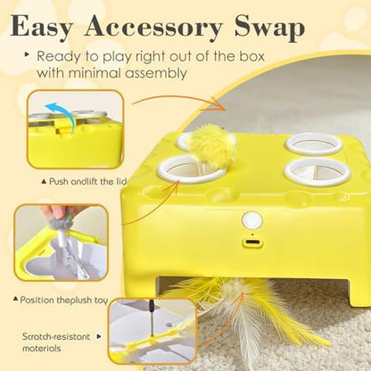 Cheese Box Interactive Cat Toy for Indoor Cats, 3-in-1 Whack a Mole Feather Toy, 3 Modes Rechargeable Auto Cat Toys for Bored Cats, 4 Holes Kitten Toy, 4 Accessories - Image 4