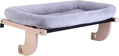 Cat Window Perch Hammock Wall Shelves Beds for Indoor Cats Supplies Design Robust Metal Frame Seat Large Cats and Kittens Pets Natural Wood, 24''L Easy to Adjust Windowsill, Bedside (Grey)