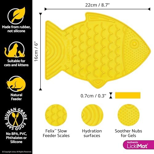 LickiMat Felix, Fish-Shaped Cat Slow Feeders Lick Mat, Boredom Anxiety Reducer; Perfect for Food, Treats, Yogurt, or Peanut Butter. Fun Alternative to a Slow Feed Cat Bowl or Dish, Yellow - Image 2