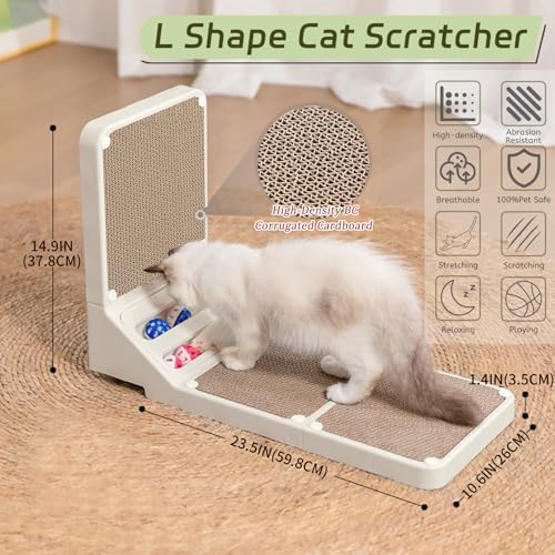 Cat Scratcher Cat Scratch Pad L Shape Wall Mounted Dual Use (Vert/Horiz) Kitten Bunifa Scratching Card Board Vertical Post with Ball Toys Feathers,Protecting Furniture Core is Replaceable Large White - Image 2