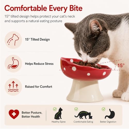 Red Mushroom Cat Bowl, Elevated Ceramic Bowl for Cats - Image 6