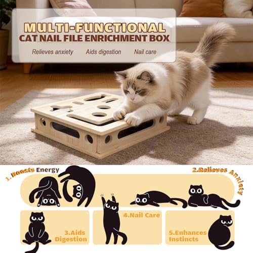 Cat Scratch Puzzle Enrichment Box, Large Solid Wood with Sandpaper Inside - Image 3