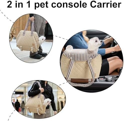 Small Dogs Under 12 lbs Adjustable Portable Center Console Car Seat, Built-in Bubble wrap, Fits Most Cars & SUVs with Convenient Handbag Functionality, Stylish Travel Pet Bag (Beige) - Image 6