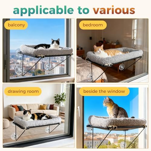 Cat Window Perch, Cordless Cat Hammock Window Seat with Sturdy Metal Frame Supports and 4 Strong Suction Cups (Grey, Short Hair) - Image 6