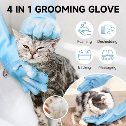 Dog Washing Gloves - Quick Drying Dog Towel,Cat Bath Grooming Gloves Brush with High-Density Teeth for Bathing Massaging，Absorbent Pet Bath Towel 30.3"x13.8" with Hand Pocket for Dog Cat Blue - Image 2