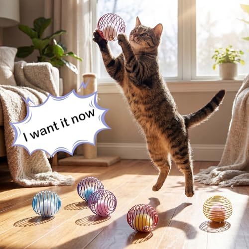 Jecery 5 Pcs Cat Toys Spring,Pom-pom with Bell,Multicolor - Image 5