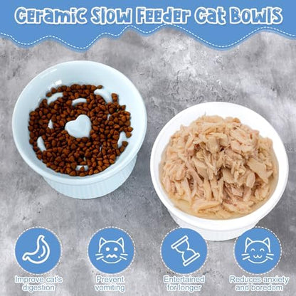 Tioncy 2 Pcs Ceramic Elevated Slow Feeder Cat Bowl, White, Blue - Image 4