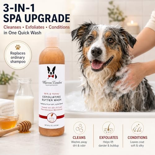 Warren London Exfoliating Butter Wash Dog Shampoo – Milk & Honey, 8 oz | Cleansing, Conditioning & Exfoliating Shampoo with Jojoba Beads for Dry Skin, Flakes, Soft Coat & Shine | Made in USA - Image 2