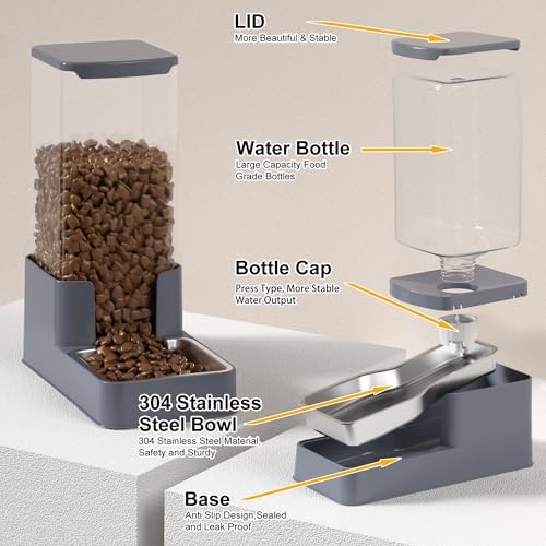 Stainless Steel Cat Feeder and Water Dispenser,Gravity Waterer & Food Feeder Set with Stainless Steel,Large Capacity Pet Food Bowl for Small Medium Dog Pets Puppy Kitten(Grey,1 Gallon) - Image 6