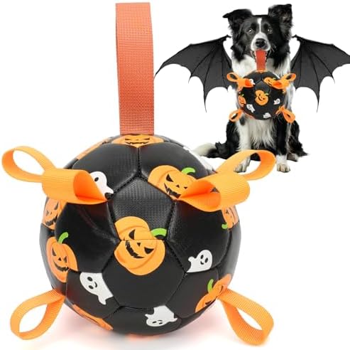 Dog Toys Balls, Dog Soccer Ball with Straps, Dog Birthday Gifts, Durable Balls for Small Medium Pet, Puppy Outdoor Toy, Pet Training Soccer Ball, World Cup Soccer (6 Inch) (Ghost, Medium) by Unknown