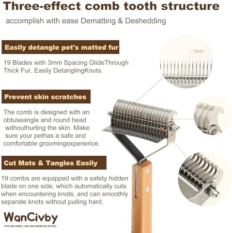 Undercoat Rake Pet Brush with Square Handle, Premium Dematting Comb & Cat Dog Shedding Tool, Efficient Grooming Brush for Detangling Mats & Loose Fur, Ideal for Large Medium Small Dogs and Cats - Image 2