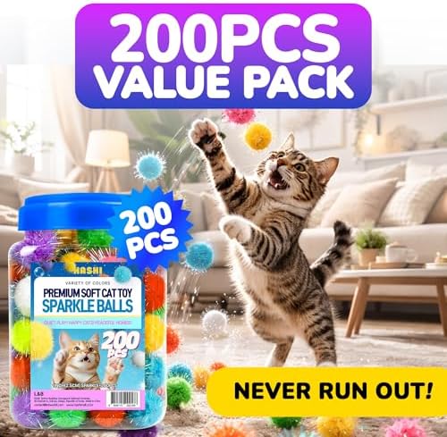HA SHI Sparkle Cat Toy Balls 200 Pack, Tinsel Pom Poms with Storage Jar - Image 2